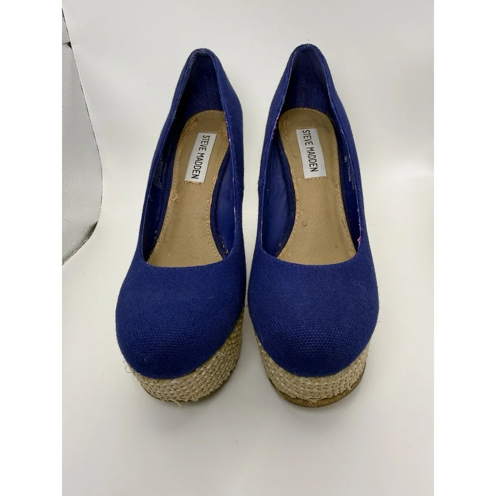 Steve Madden Pamelaa Blue Canvas Espadrille Wedge Heels Size 6.5M Platform
